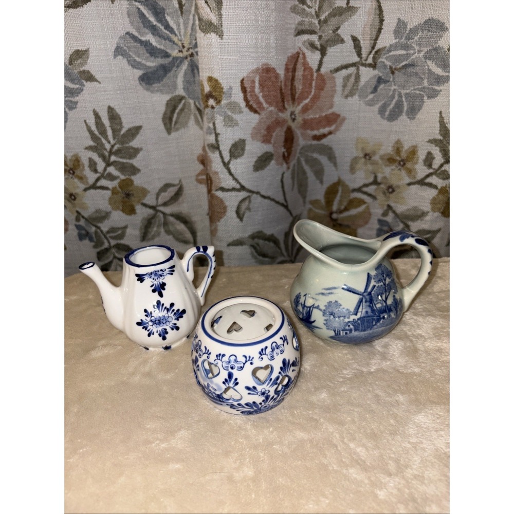 Delft Items Lot Of 3 Items Blue White Porcelain Hand Painted